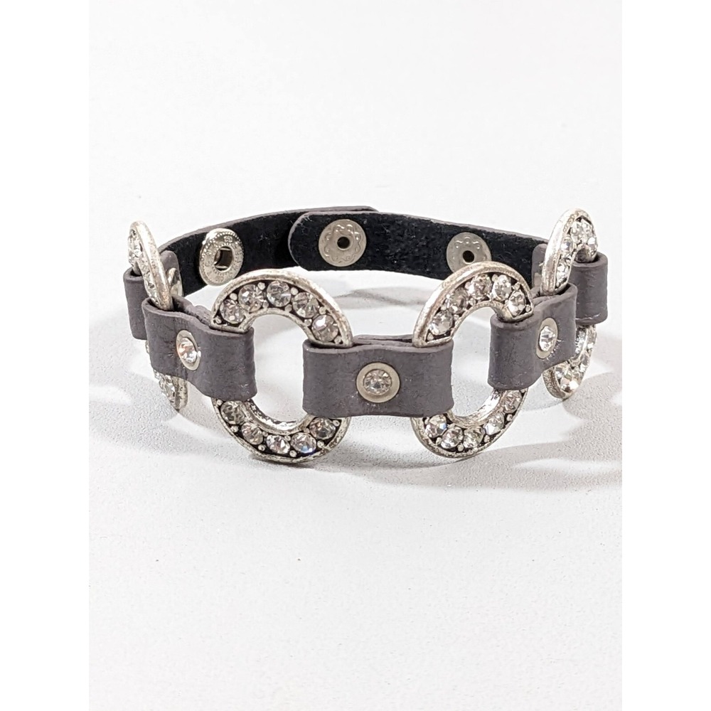 Silver Tone Gray Faux Leather Open Oval Rhinestone Snap Cuff Bracelet 8 inches